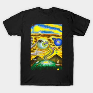 Surrealist painting with pyramids and eyes in yellow and blue man reaching for God T-Shirt